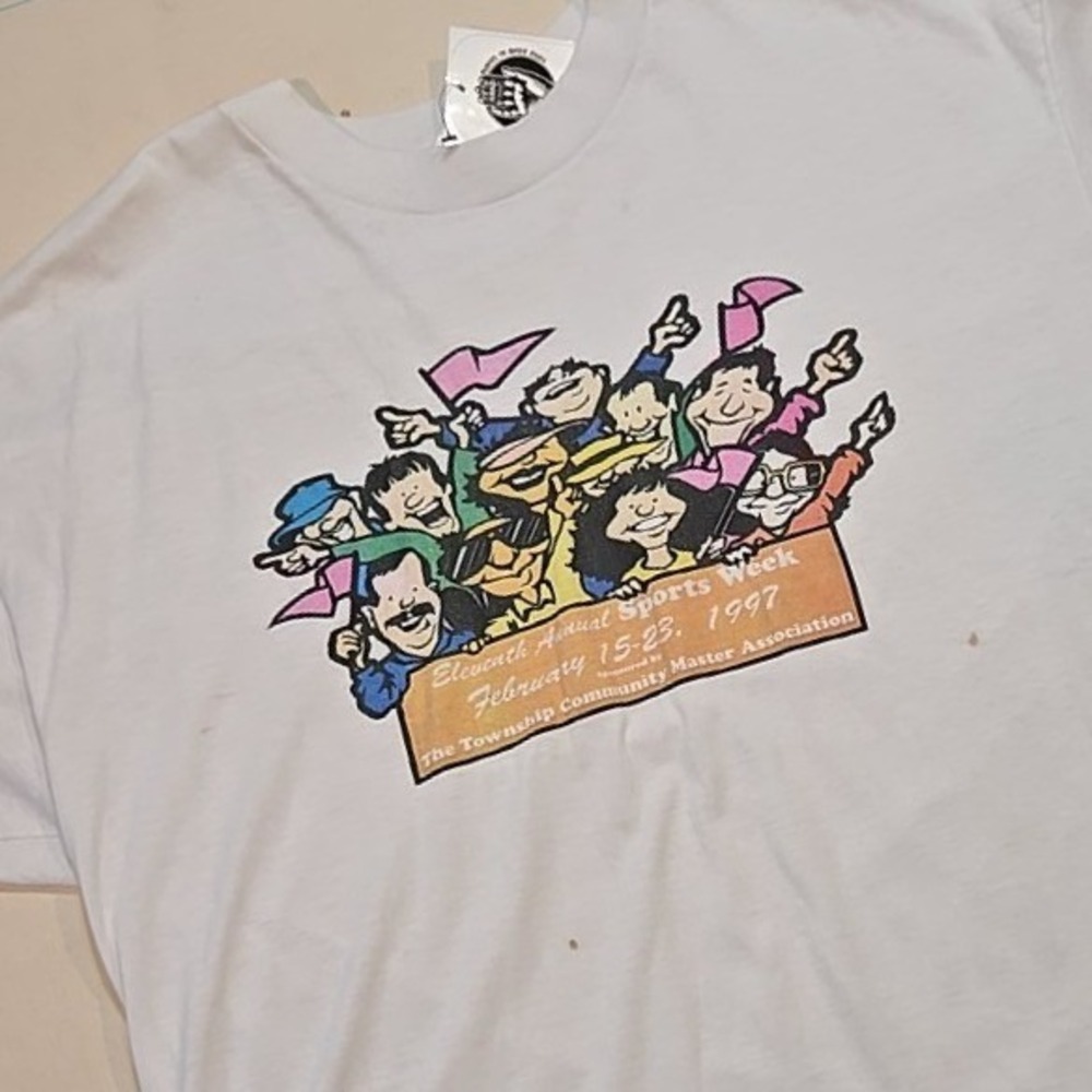 VTG XL 1997 Sports Week Cartoon Print Tee Township Community White Single Stitch